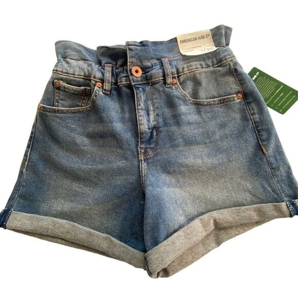 AMERICAN RAG  JUNIORS 1/25 PAPER BAG WAIST SHORTS MEDIUM WASH - Picture 1 of 11